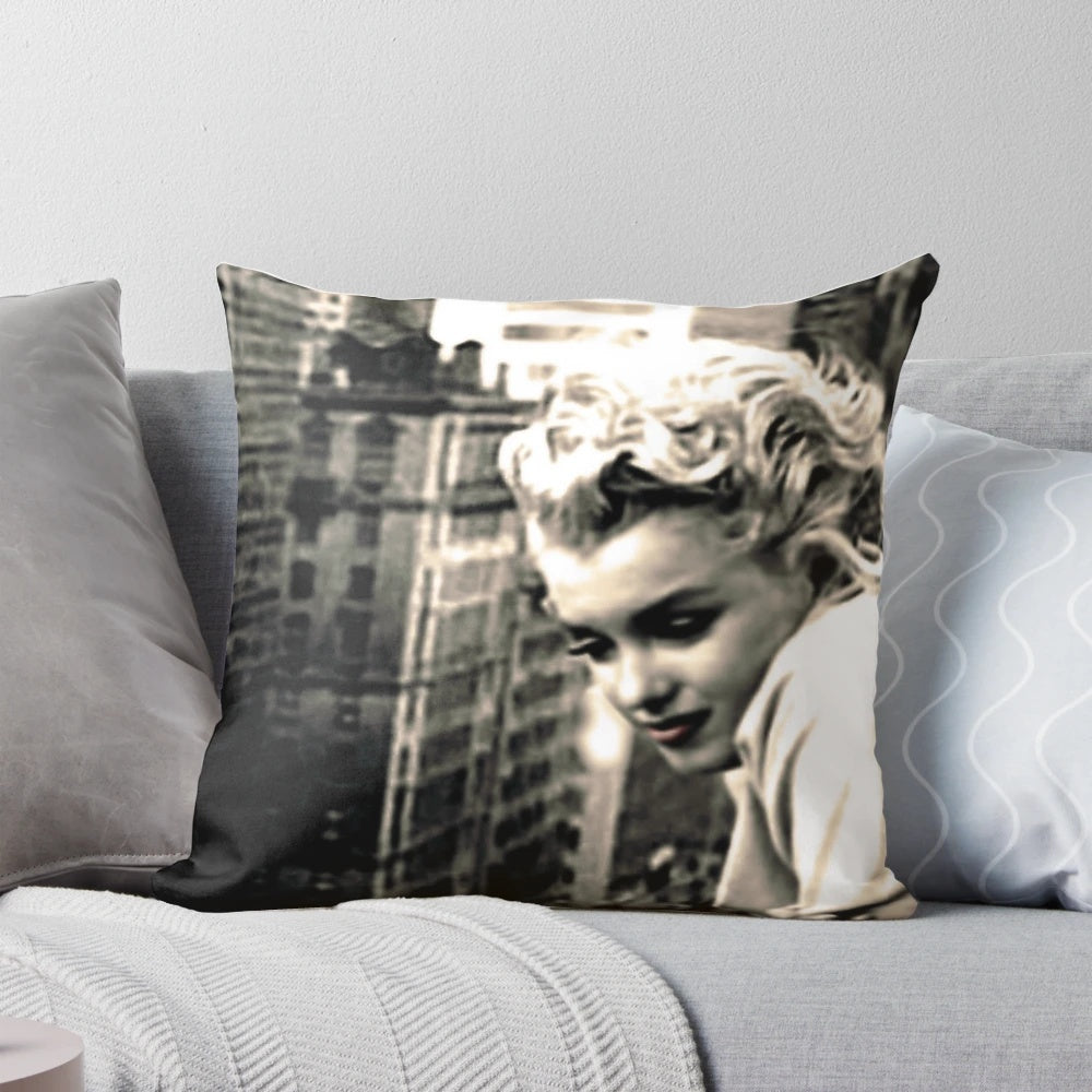 Marilyn Monroe iconic sepia-tone photograph from 1955 featured on a high-quality throw pillow.