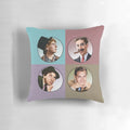 Four colorful illustrations of the iconic Marx Brothers comedians on a decorative pillow.