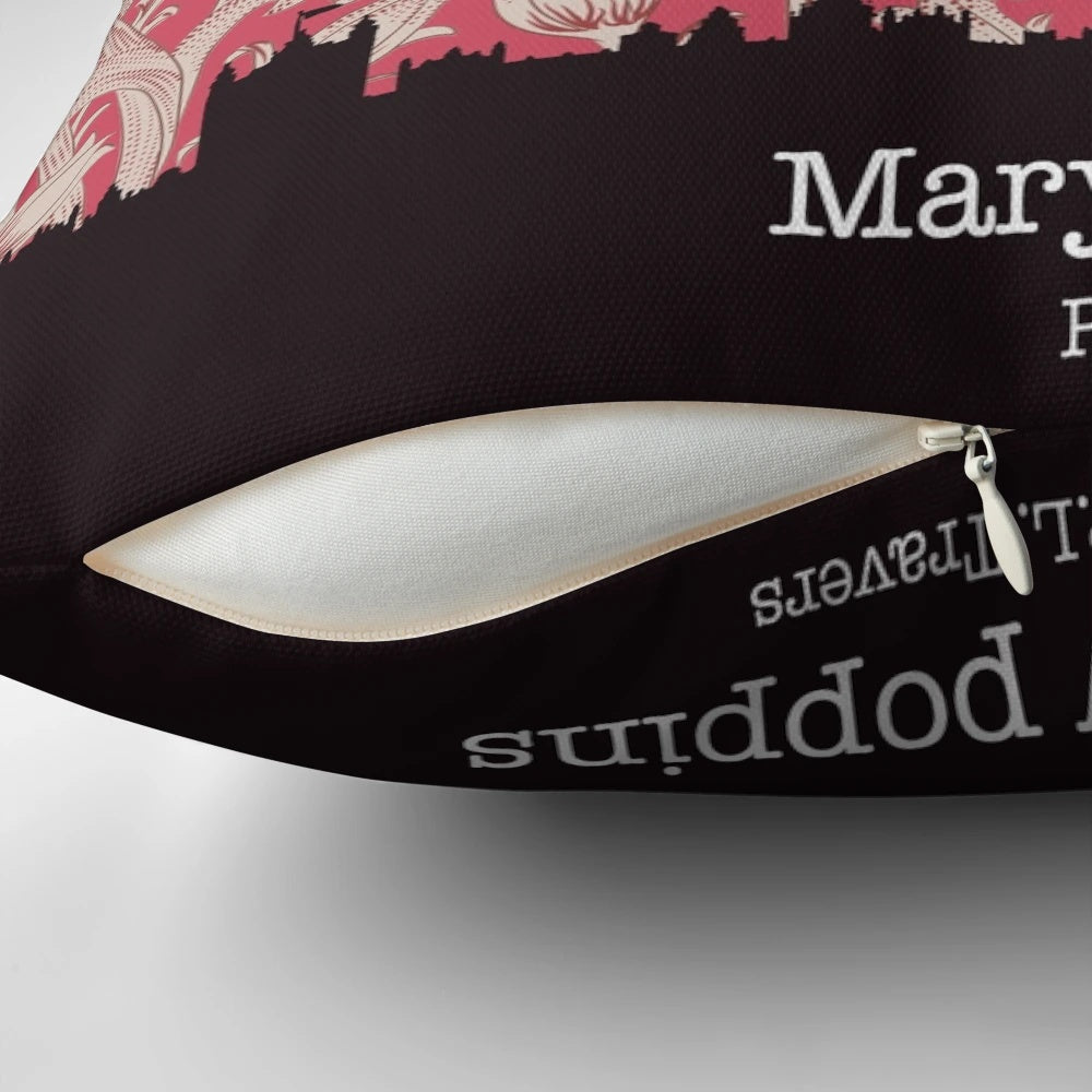 A decorative pillow featuring the silhouette of the iconic character Mary Poppins against a London skyline and floral pattern.