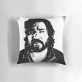 A black and white linocut-style portrait of actor and comedian Matt Berry, featured on a decorative pillow.