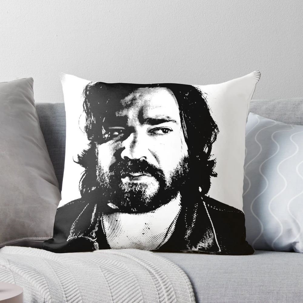 A black and white linocut-style portrait of actor and comedian Matt Berry, featured on a decorative pillow.