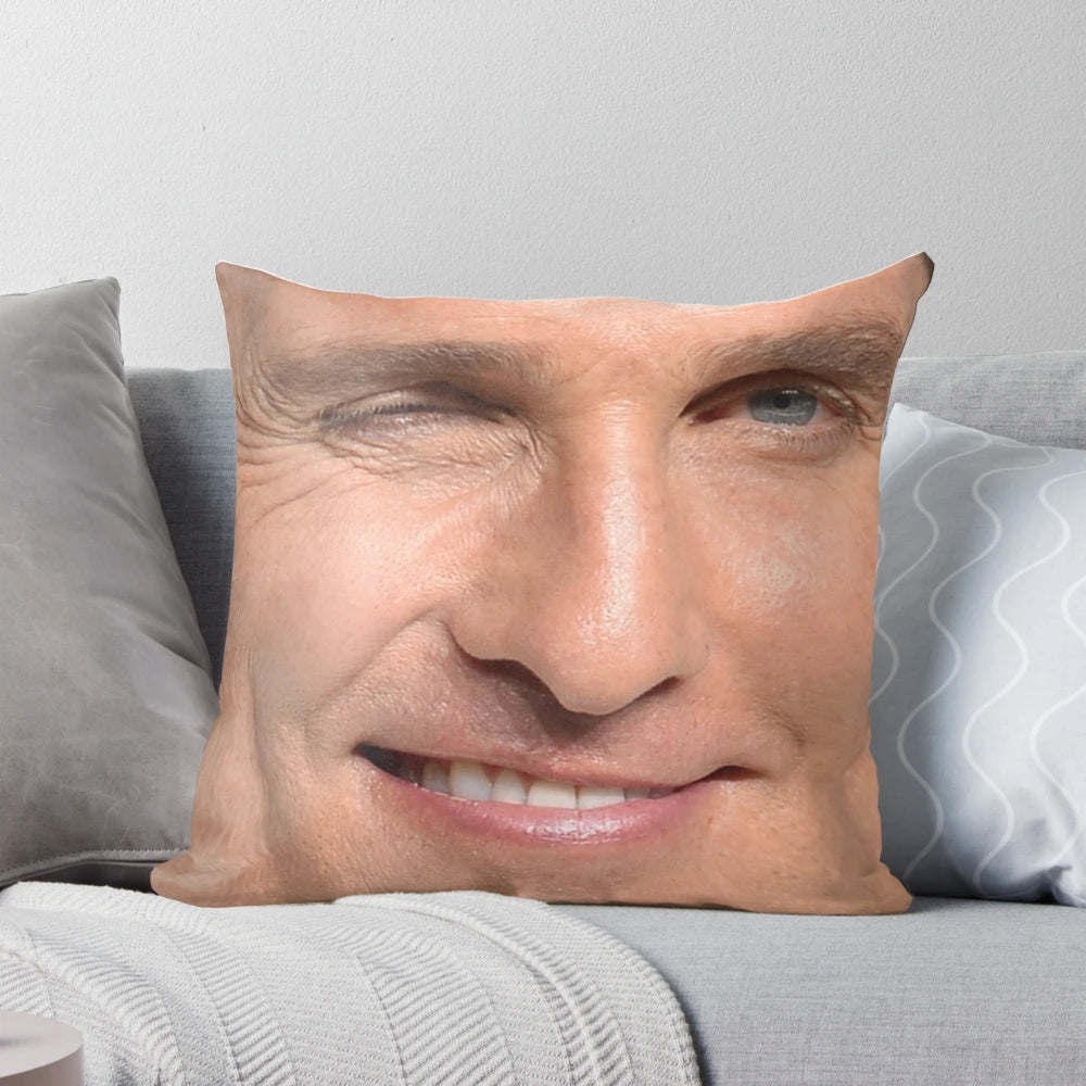 Matthew McConaughey face printed on a soft, comfortable throw pillow