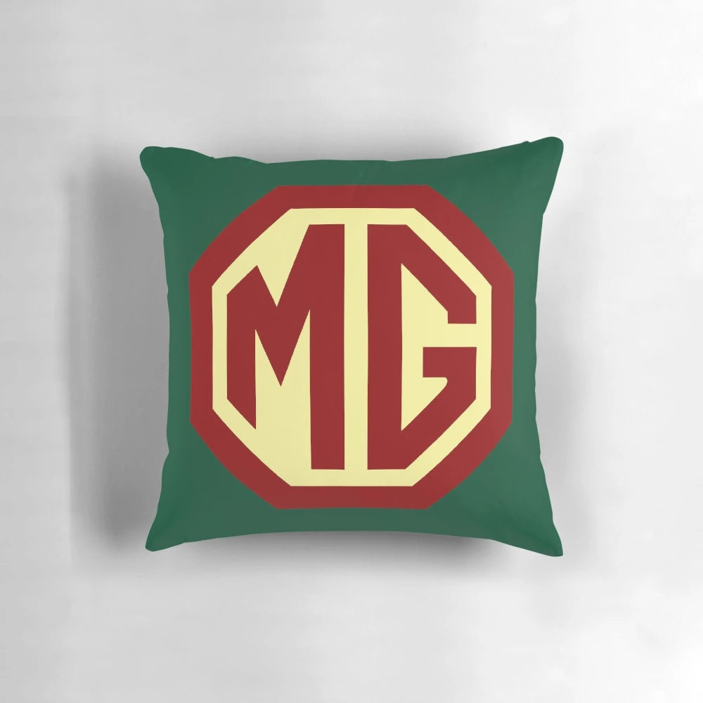 Vintage MG sports car logo printed on a soft, comfortable throw pillow