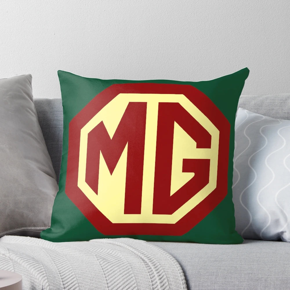Vintage MG sports car logo printed on a soft, comfortable throw pillow