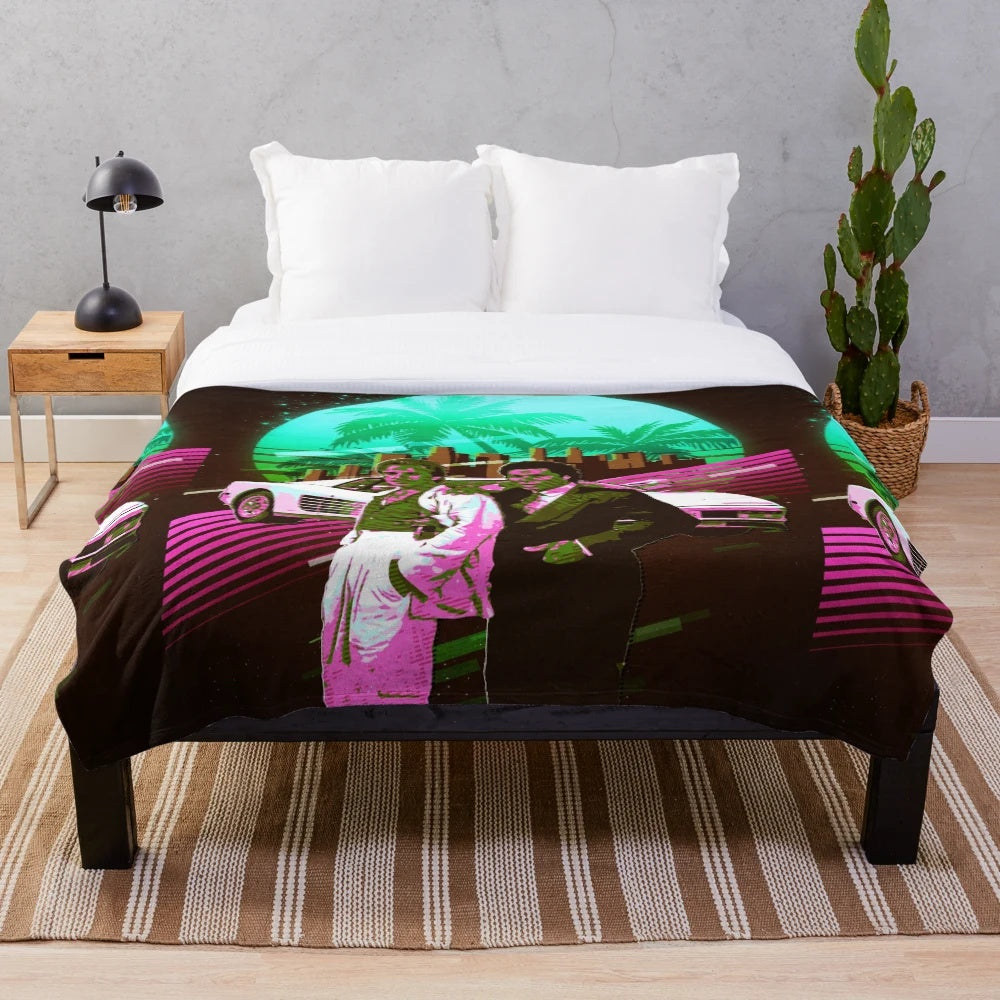 Iconic Miami Vice inspired plush blanket featuring Don Johnson and Philip Michael Thomas artwork