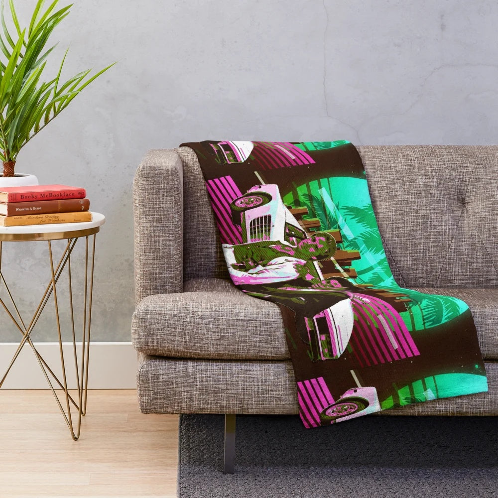 Iconic Miami Vice inspired plush blanket featuring Don Johnson and Philip Michael Thomas artwork