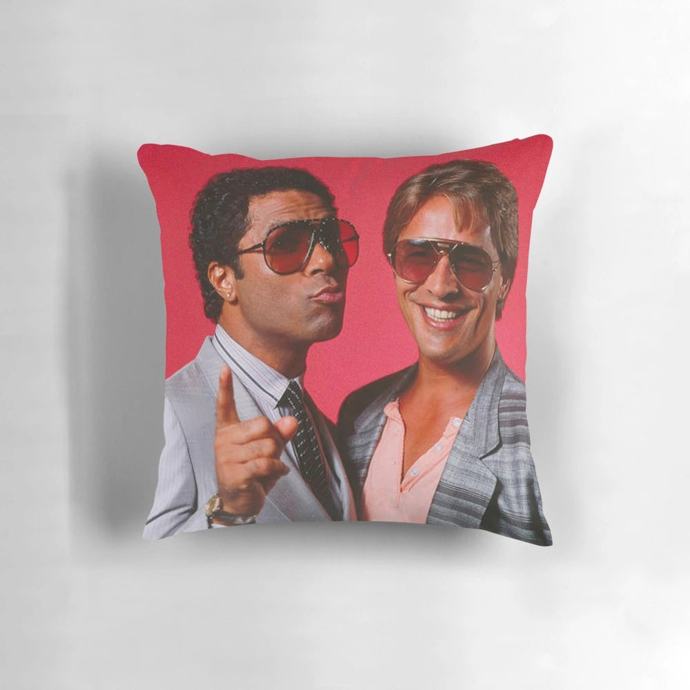 Miami Vice-inspired throw pillow featuring the iconic red color scheme and a nod to the show's finale and legacy