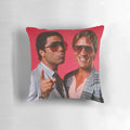 Miami Vice-inspired throw pillow featuring the iconic red color scheme and a nod to the show's finale and legacy