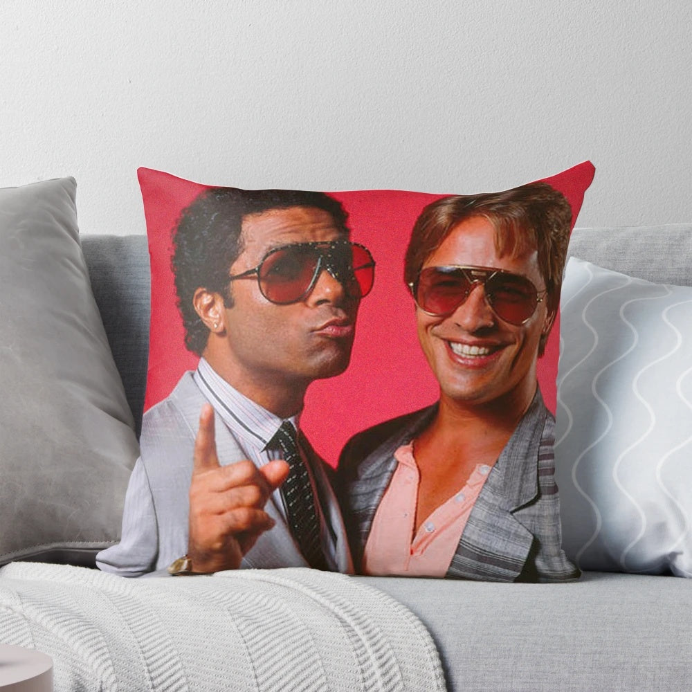 Miami Vice-inspired throw pillow featuring the iconic red color scheme and a nod to the show's finale and legacy