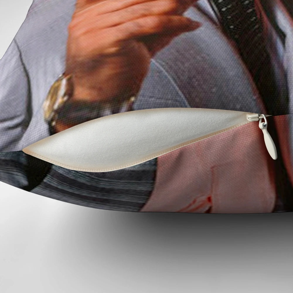 Miami Vice-inspired throw pillow featuring the iconic red color scheme and a nod to the show's finale and legacy