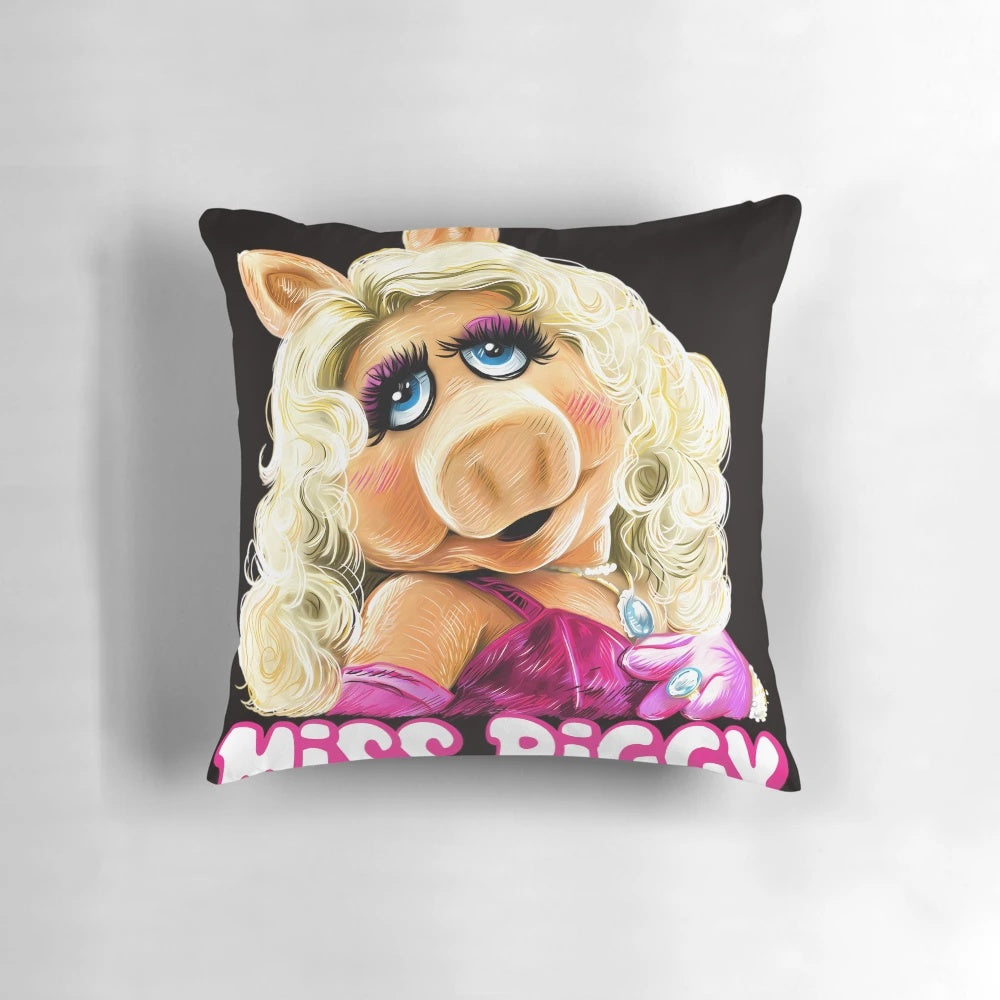 Colorful Miss Piggy fan art illustration printed on a soft, decorative throw pillow