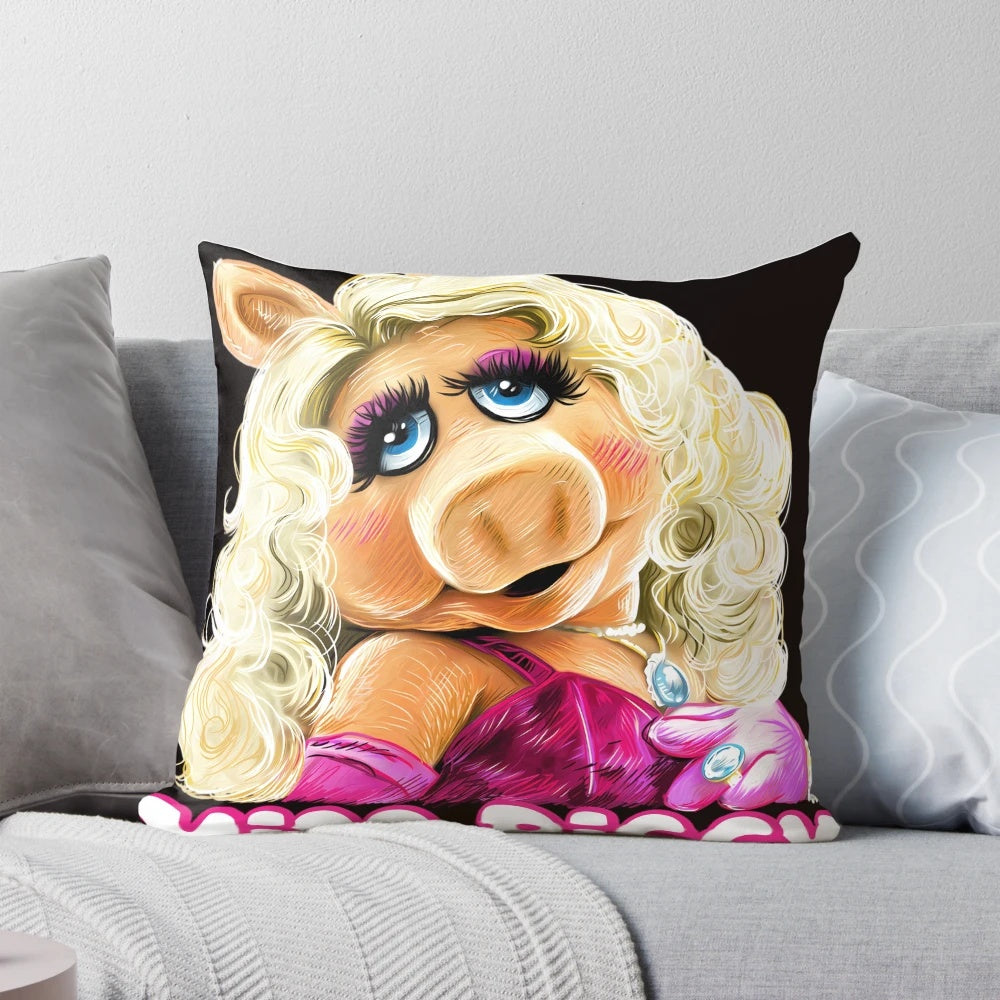 Colorful Miss Piggy fan art illustration printed on a soft, decorative throw pillow