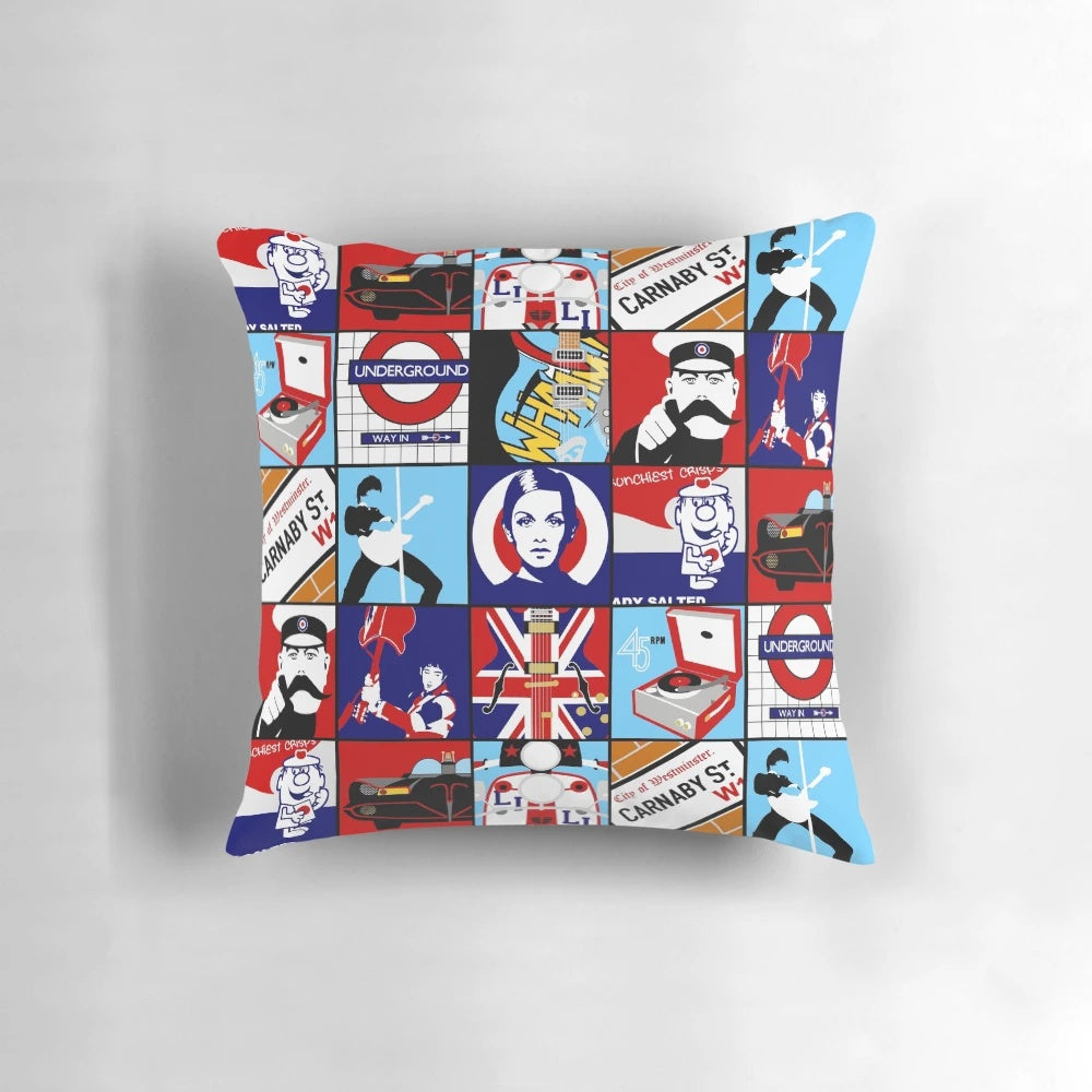 Mod pop art-inspired pillow with vibrant colors and iconic mod culture references