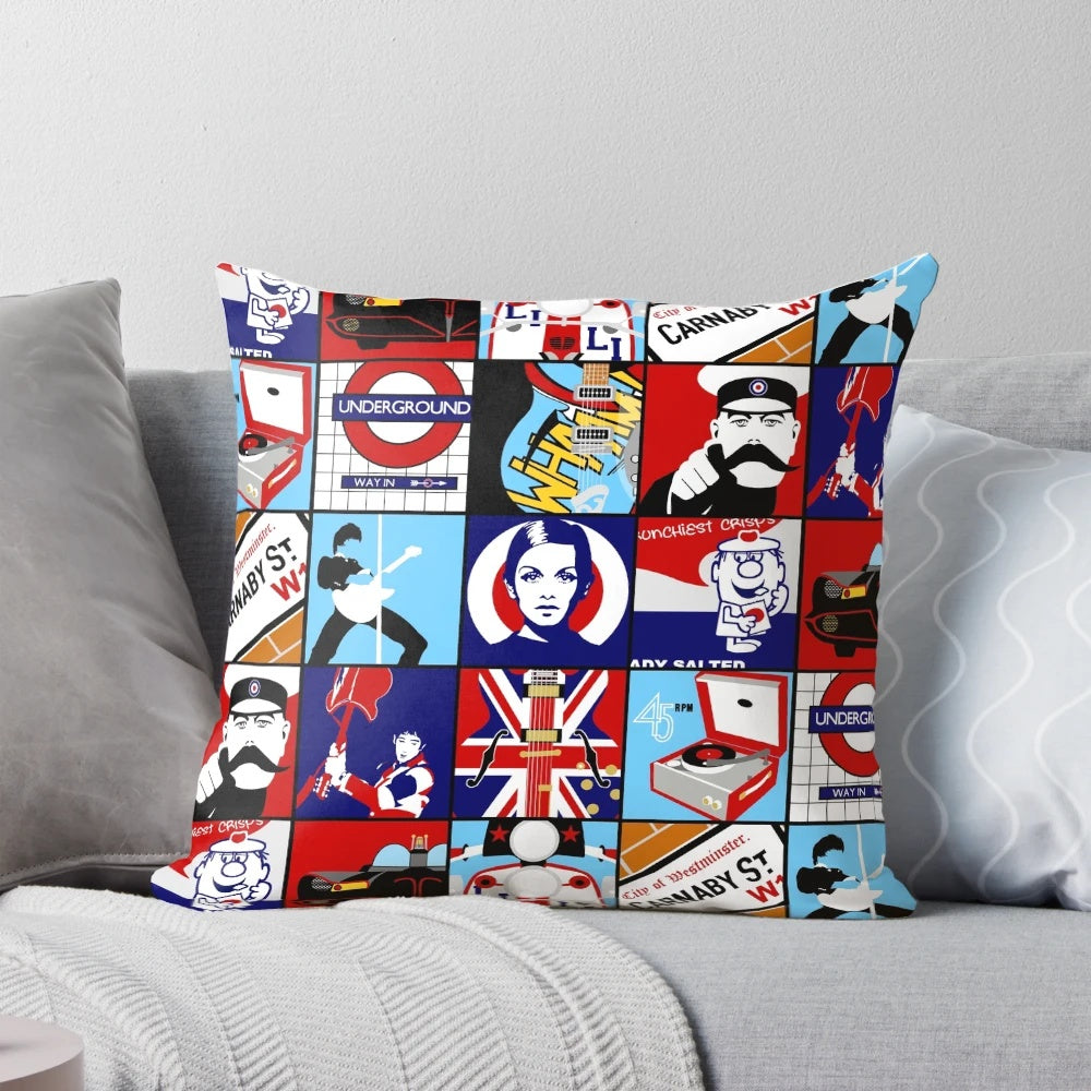 Mod pop art-inspired pillow with vibrant colors and iconic mod culture references