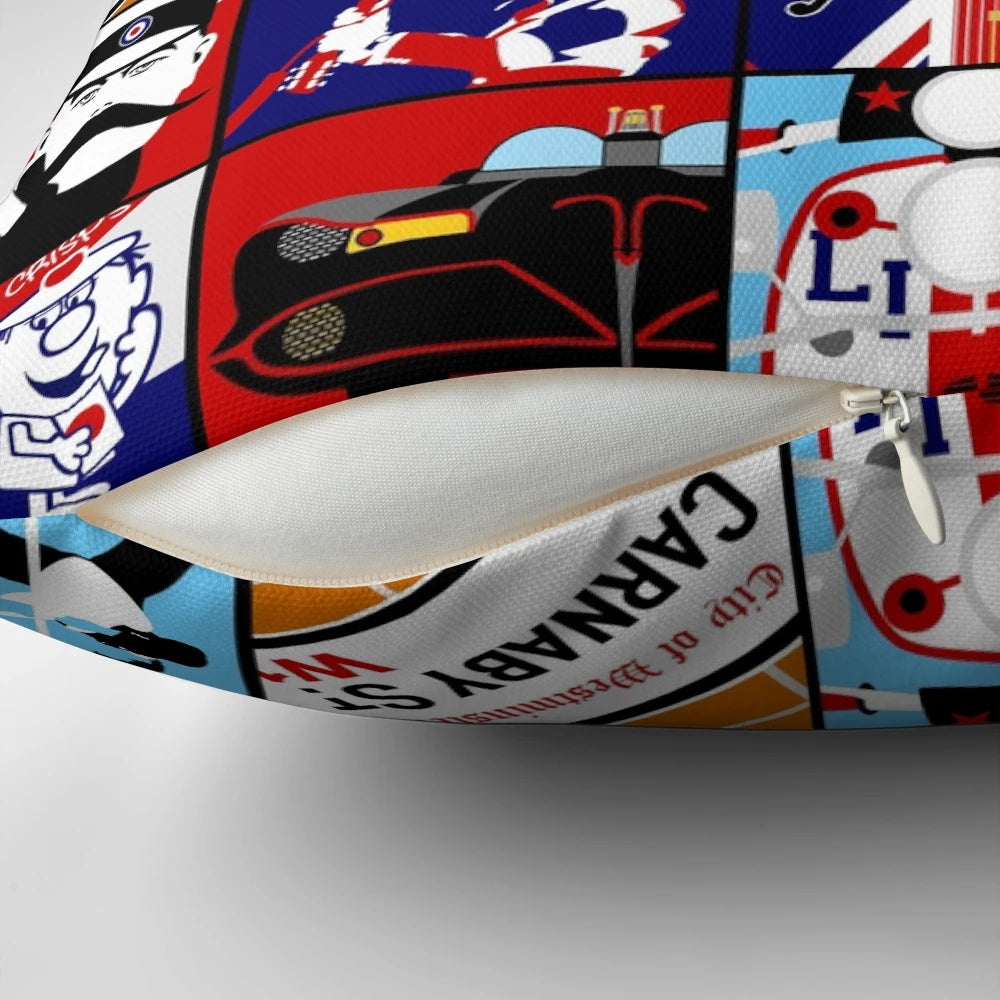 Mod pop art-inspired pillow with vibrant colors and iconic mod culture references
