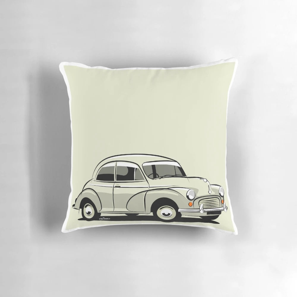 Vintage Morris Minor 1000 2-door saloon in classic Old English White color, perfect for car enthusiasts and home decor