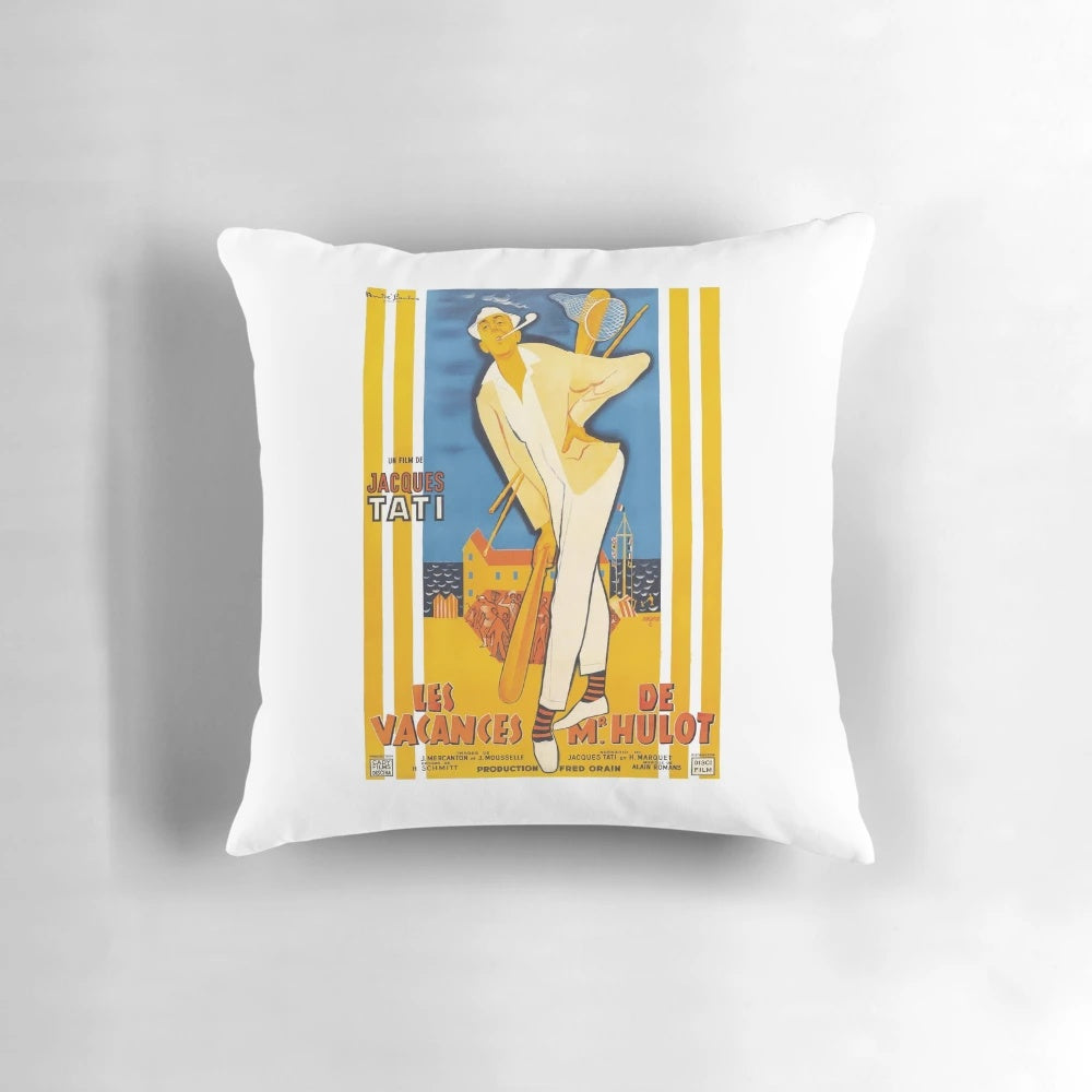 Pillow featuring the iconic character Monsieur Hulot from the classic 1950s French comedy film 'Mr. Hulot's Holiday