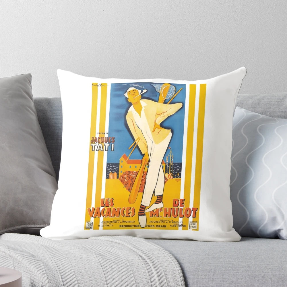 Pillow featuring the iconic character Monsieur Hulot from the classic 1950s French comedy film 'Mr. Hulot's Holiday