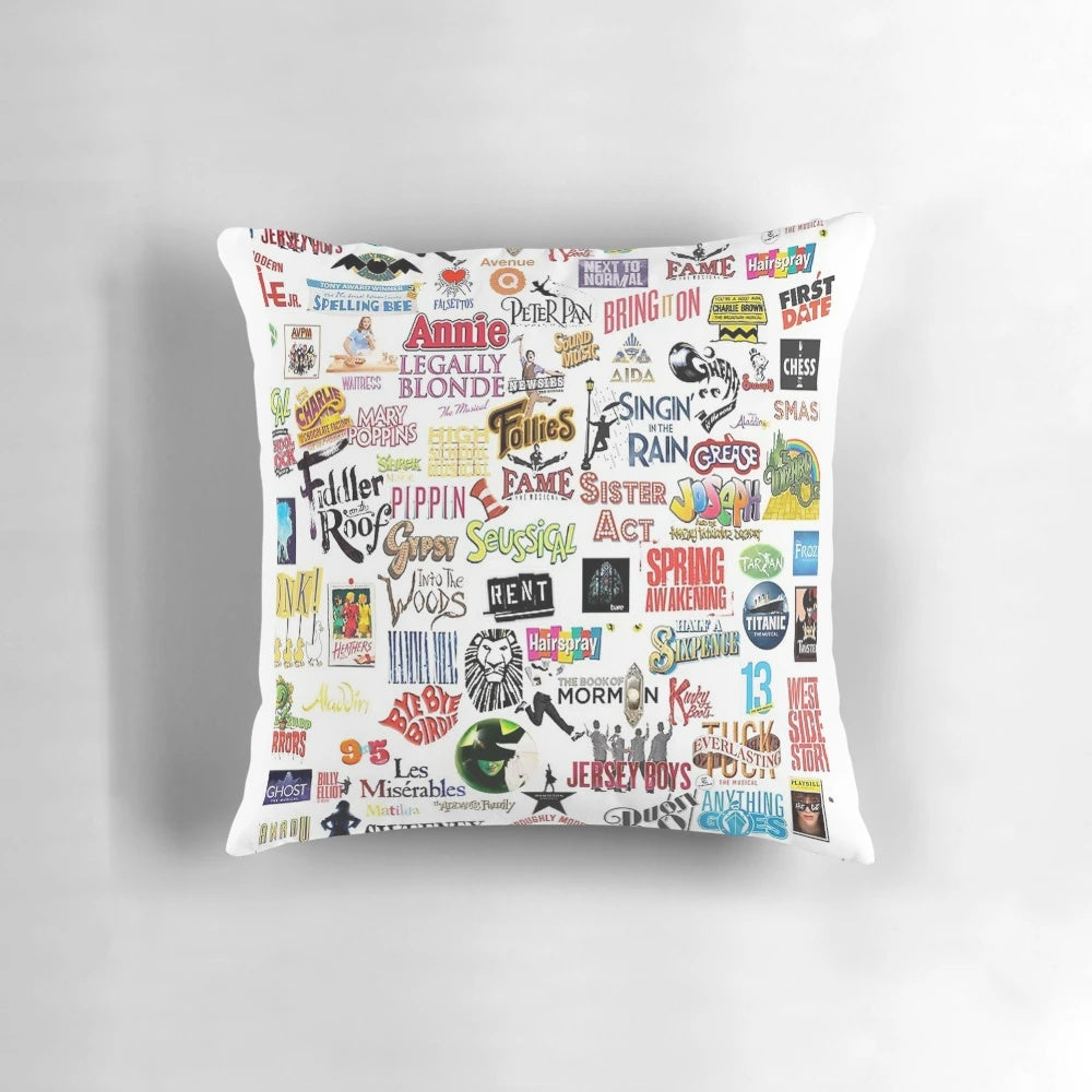 Throw pillow featuring a collage of iconic musical logos and pop art designs