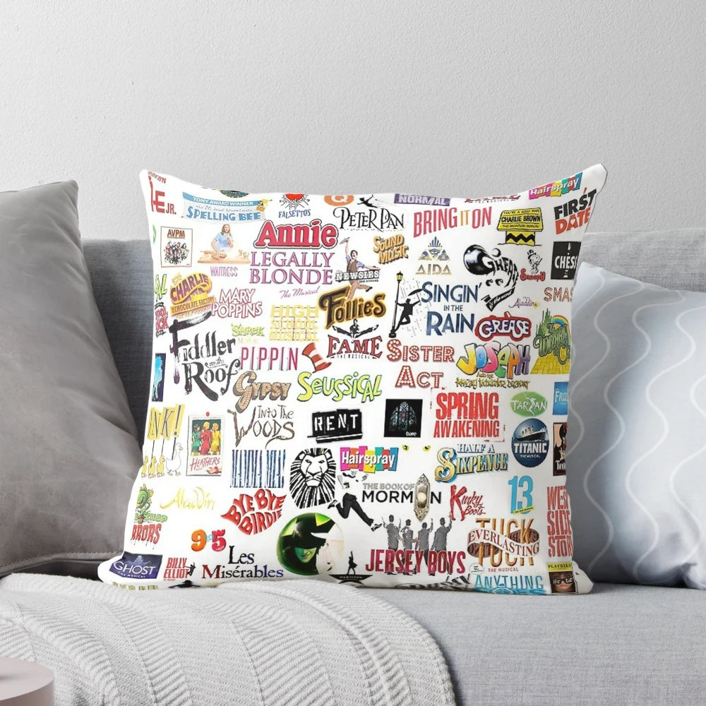 Throw pillow featuring a collage of iconic musical logos and pop art designs