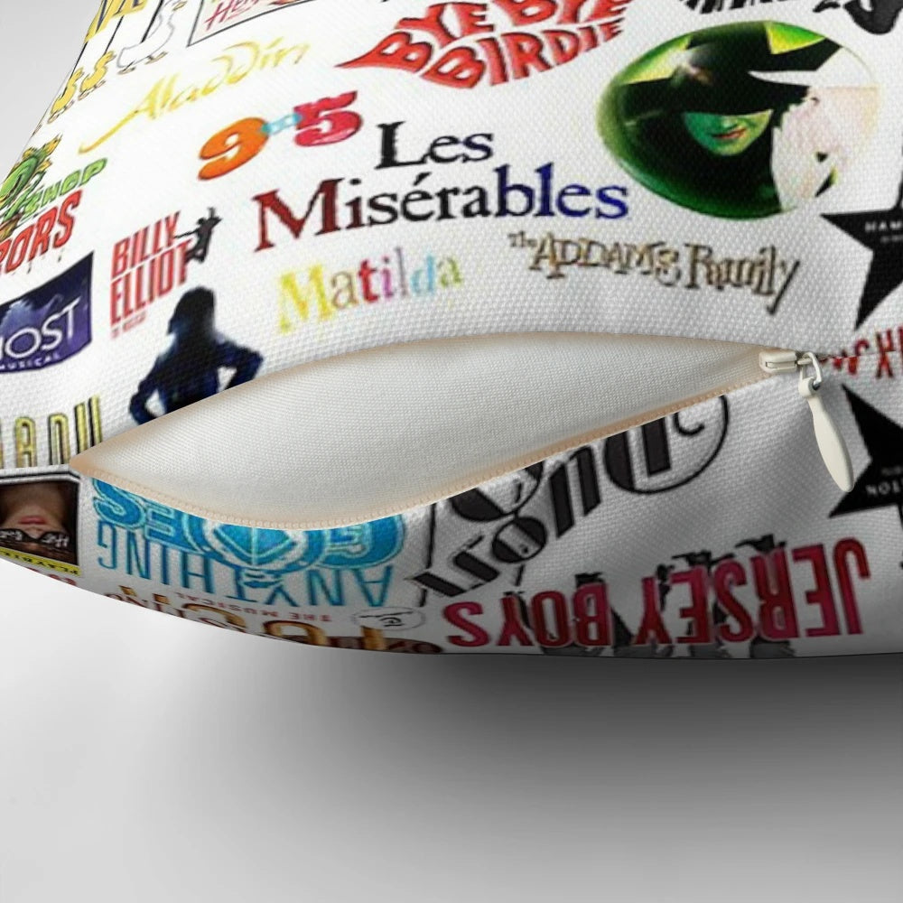Throw pillow featuring a collage of iconic musical logos and pop art designs