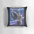 Soft, cozy pillow featuring the iconic "My Pain is Chronic But My Ass is Iconic" raccoon meme design.