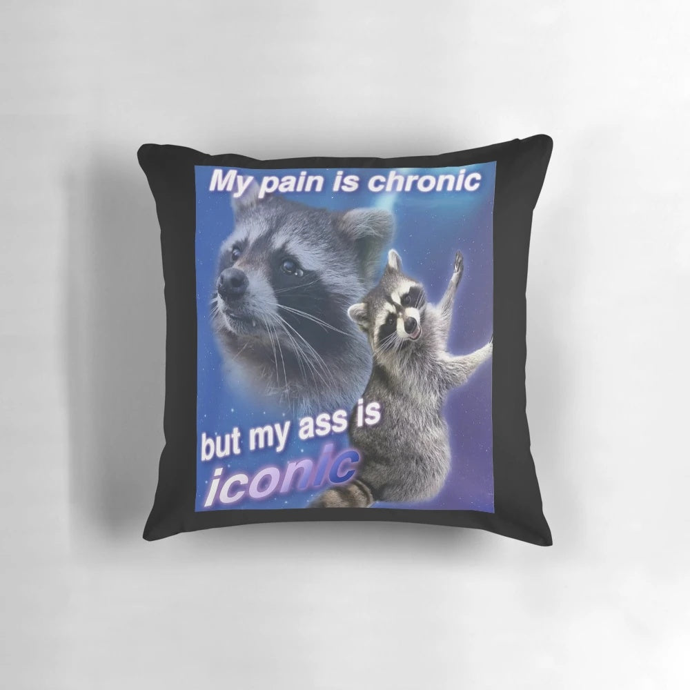 Soft, cozy pillow featuring the iconic "My Pain is Chronic But My Ass is Iconic" raccoon meme design.