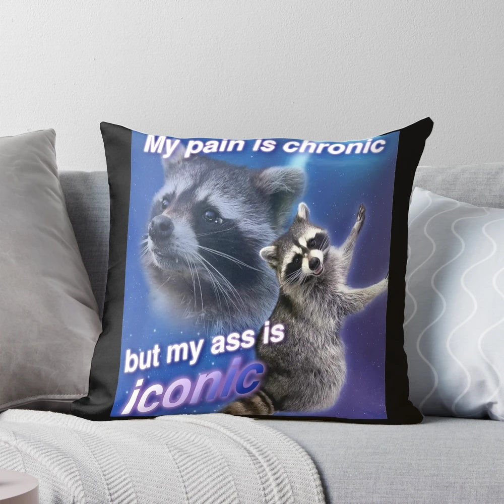 Soft, cozy pillow featuring the iconic "My Pain is Chronic But My Ass is Iconic" raccoon meme design.