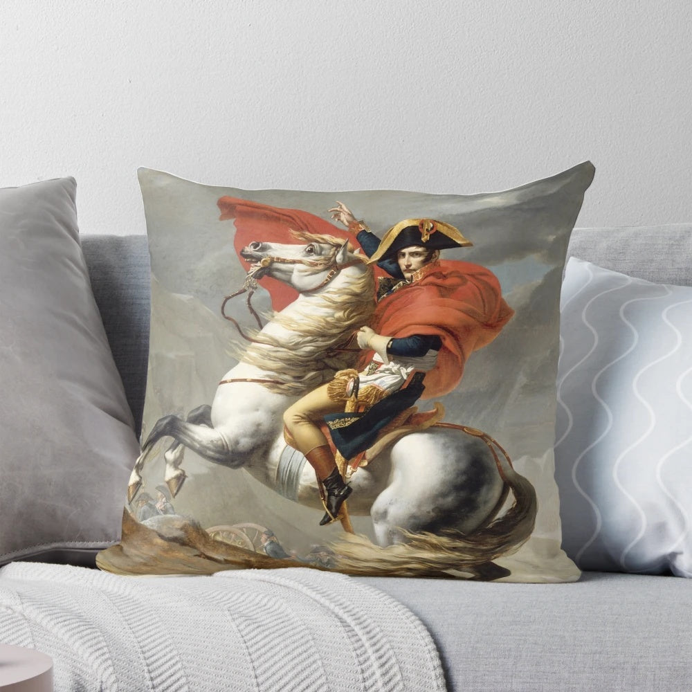 Decorative throw pillow featuring the iconic painting of Napoleon Bonaparte crossing the Alps on horseback
