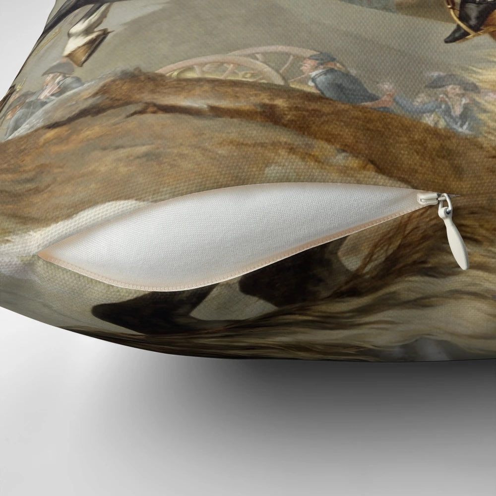 Decorative throw pillow featuring the iconic painting of Napoleon Bonaparte crossing the Alps on horseback