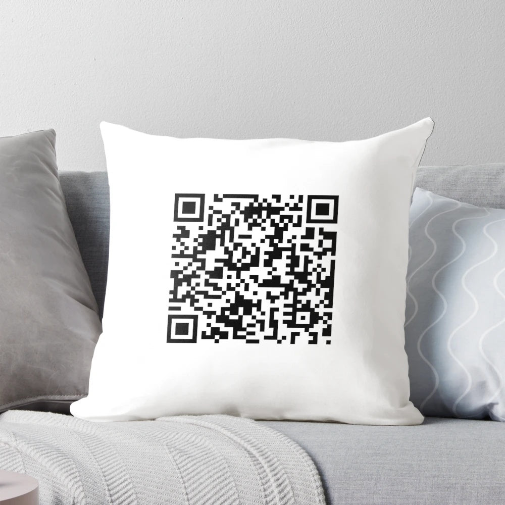 Rick Astley "Never Gonna Give You Up" QR code printed on a plush pillow