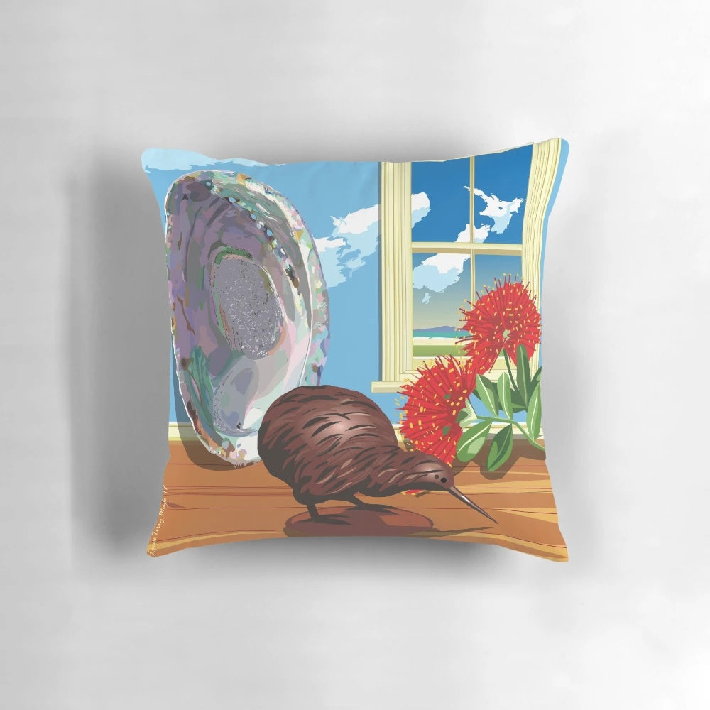 New Zealand Symbols Pillow featuring Kiwi, Paua, and Pohutakawa