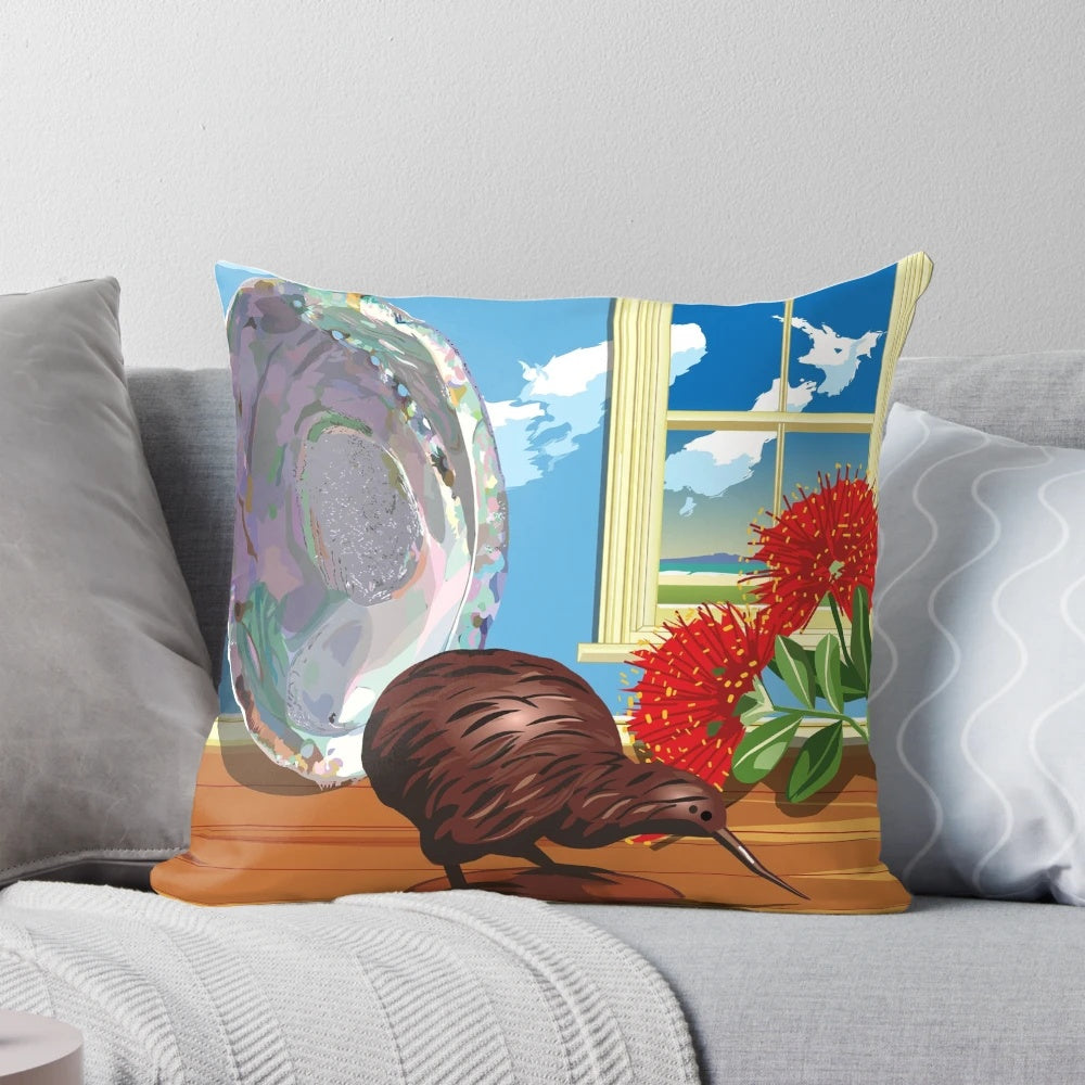 New Zealand Symbols Pillow featuring Kiwi, Paua, and Pohutakawa