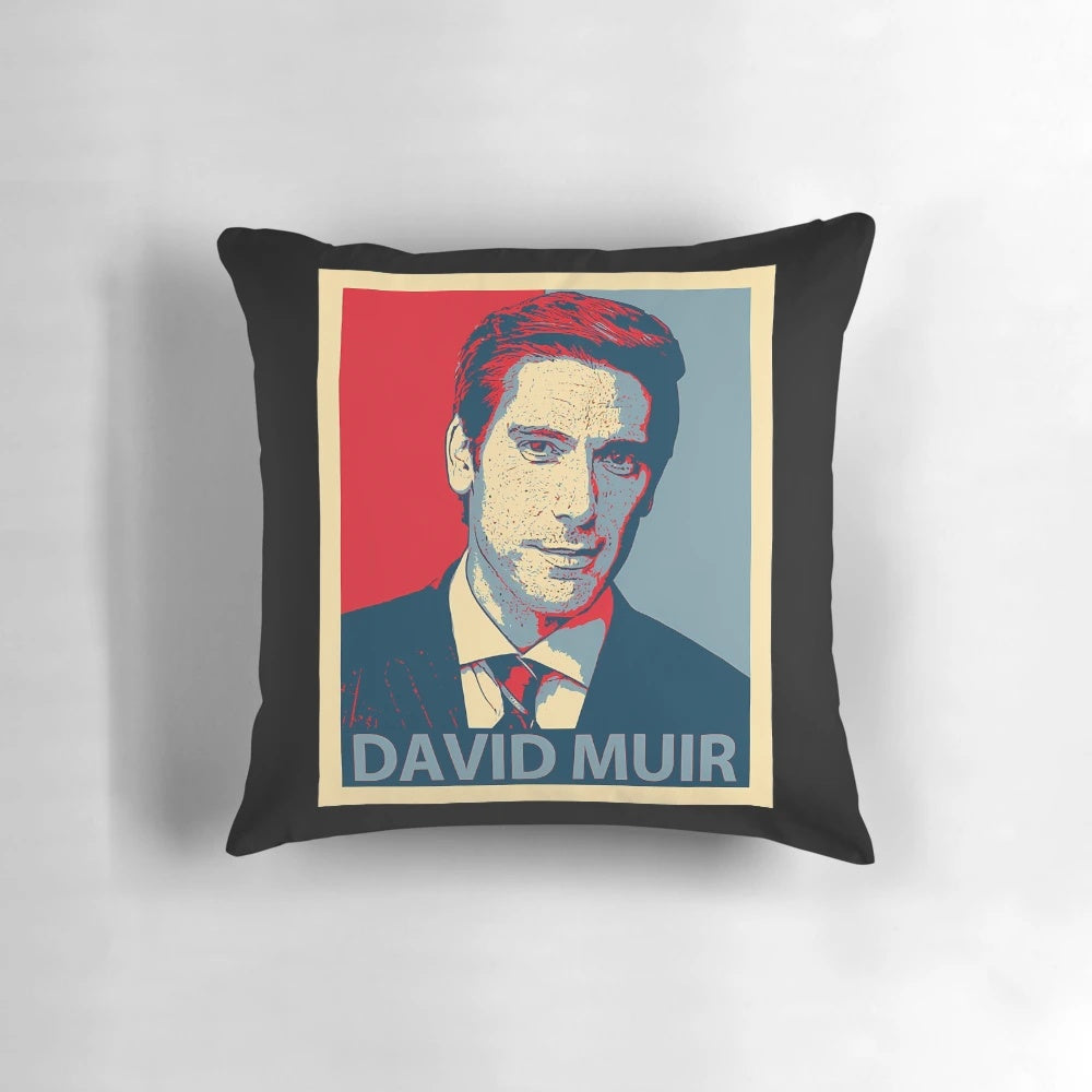 A plush pillow featuring the image of renowned American journalist and news anchor David Muir.