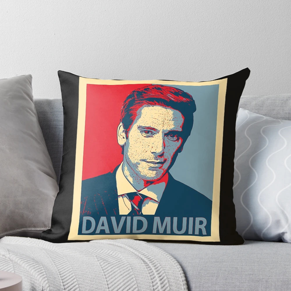 A plush pillow featuring the image of renowned American journalist and news anchor David Muir.