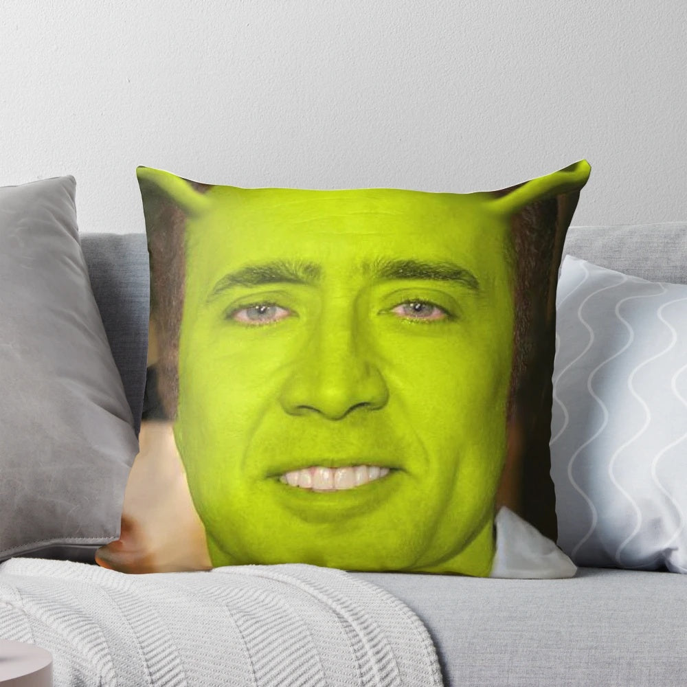 Nicolas Cage as Shrek meme printed on a soft, comfortable pillow