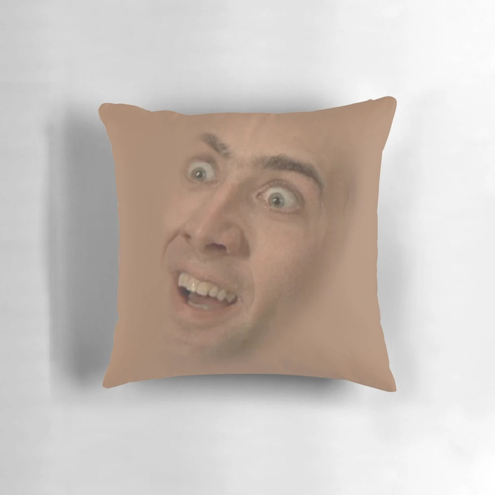 Humorous Nicolas Cage face pattern printed on a plush, comfortable pillow