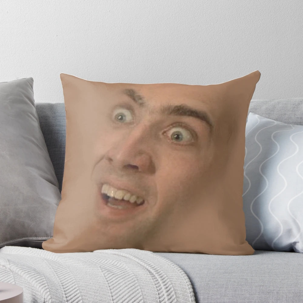 Humorous Nicolas Cage face pattern printed on a plush, comfortable pillow