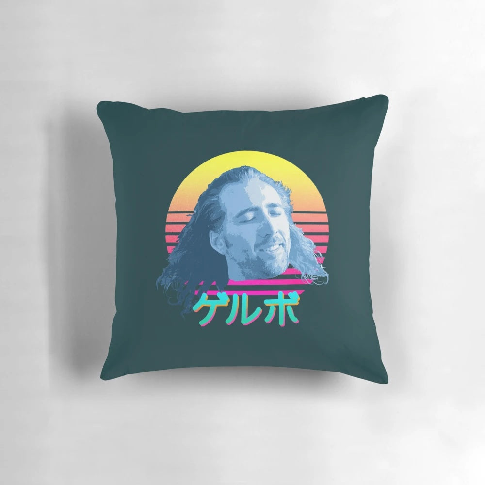 A plush and comfortable pillow featuring the iconic face of actor Nicolas Cage.