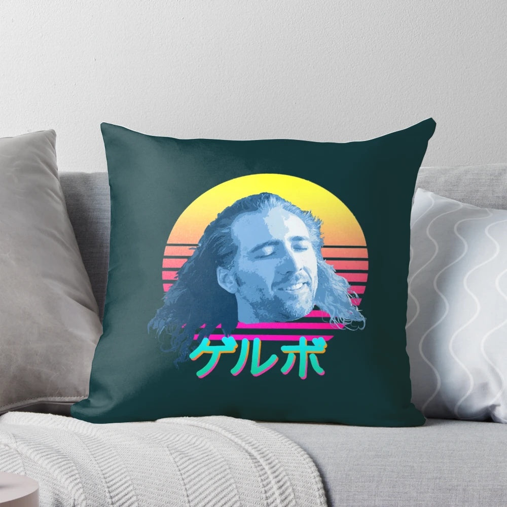A plush and comfortable pillow featuring the iconic face of actor Nicolas Cage.