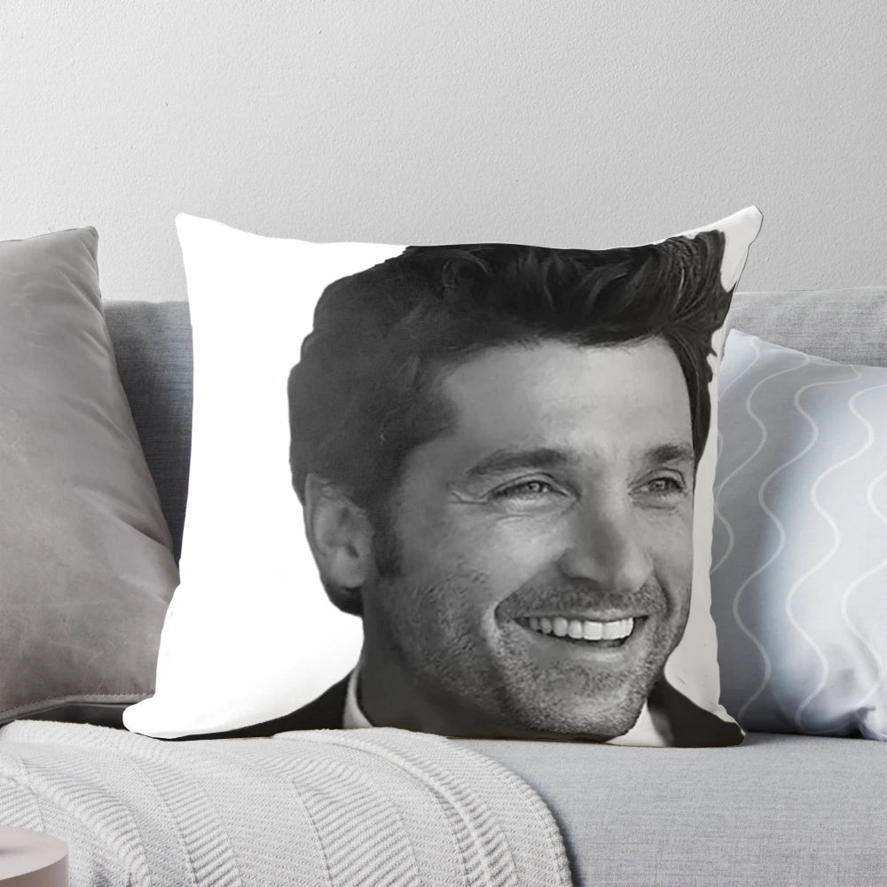 Patrick Dempsey's captivating black and white portrait on a soft, plush pillow for stylish home accents.
