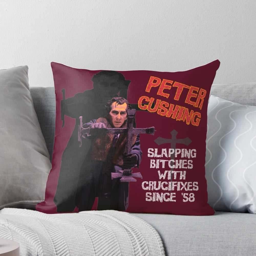 Vintage-style pillow featuring iconic horror legend Peter Cushing as the vampire hunter Van Helsing