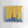 Decorative pillow featuring the iconic Poolbeg Chimneys in Dublin, Ireland's picturesque cityscape.