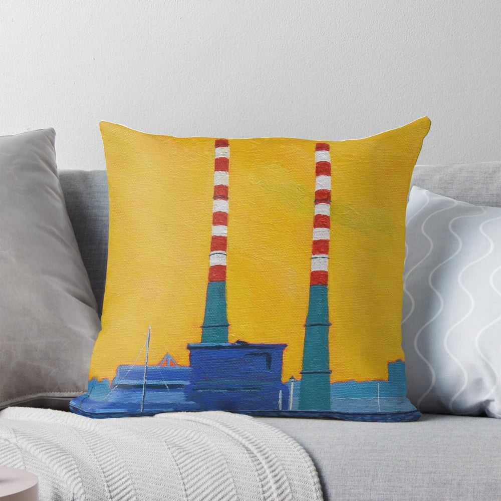 Decorative pillow featuring the iconic Poolbeg Chimneys in Dublin, Ireland's picturesque cityscape.