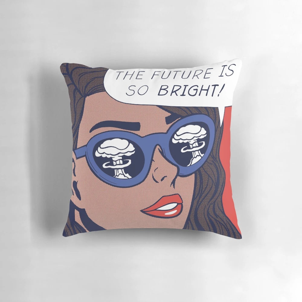 Vibrant pop art pillow with a comic book-inspired mushroom cloud and atomic explosion design