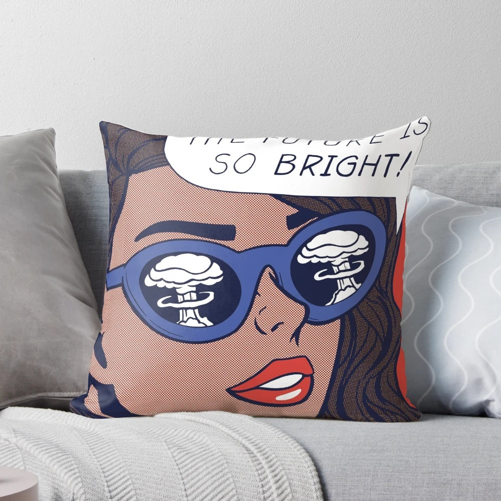 Vibrant pop art pillow with a comic book-inspired mushroom cloud and atomic explosion design