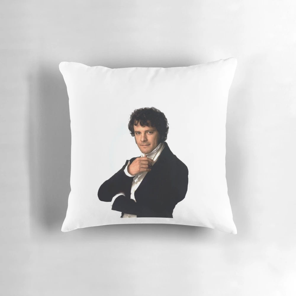 Plush pillow featuring a classic scene from the BBC adaptation of Pride and Prejudice, with Colin Firth as the beloved character Mr. Darcy.