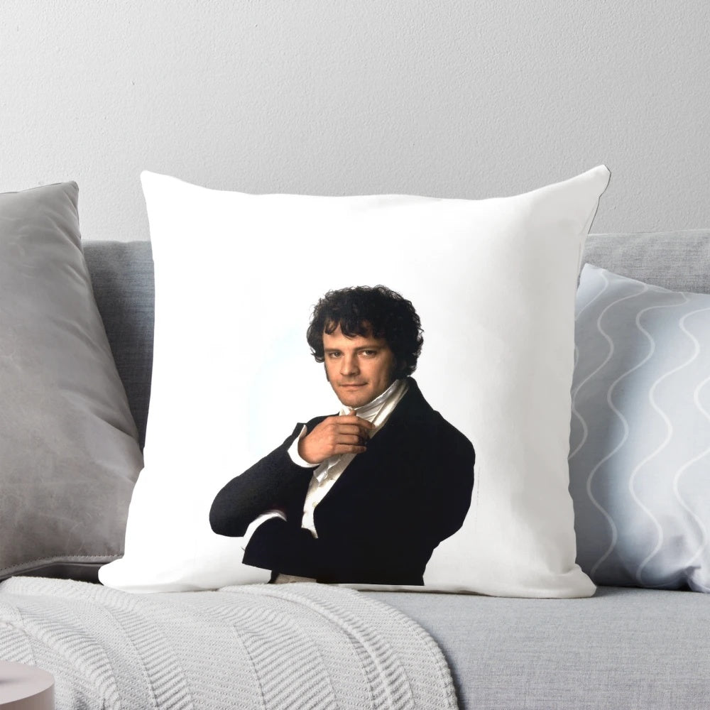 Plush pillow featuring a classic scene from the BBC adaptation of Pride and Prejudice, with Colin Firth as the beloved character Mr. Darcy.