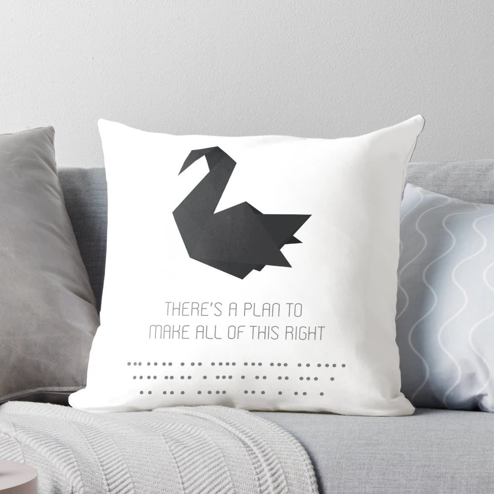 A soft, comfortable pillow with a prison break-inspired design featuring the iconic swan origami.