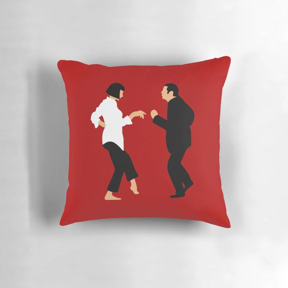 "Pulp Fiction Themed Decorative Pillow with John Travolta and Uma Thurman"